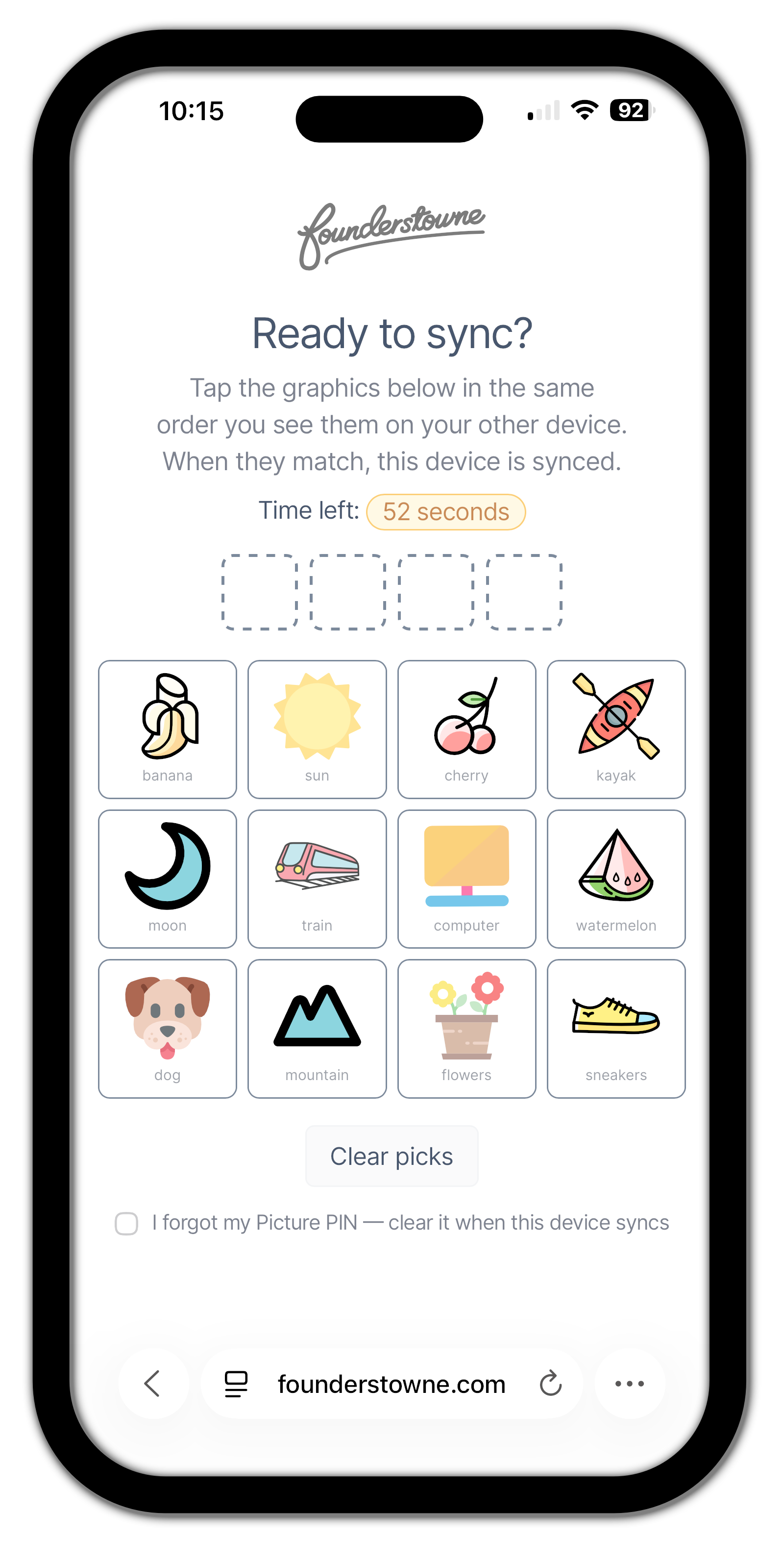 The 'Ready to sync?' screen on Founderstowne. Four empty dashed slots wait above a grid of 12 friendly pictures (banana, sun, cherry, kayak, moon, train, computer, watermelon, dog, mountain, flowers, sneakers). A 'Time left: 52 seconds' pill sits above the slots, and a 'Clear picks' button plus an 'I forgot my Picture PIN, clear it when this device syncs' checkbox sit beneath the grid.